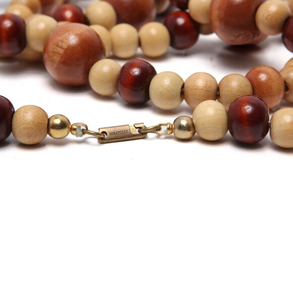 Vintage 70s Celebrity Signed Wood Bead Necklace Boho Strand Wooden Browns Gold - Picture 4 of 7